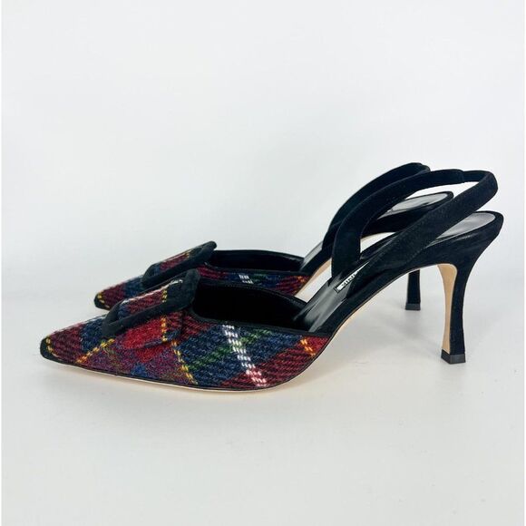 MANOLO BLAHNIK Maysale Red & Green Plaid Slingback Stiletto Sandals Size… - Picture 8 of 12